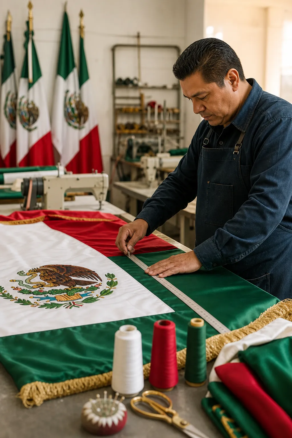 Artesano preparando una bandera mexicana en el taller de Banderas Casa Méndez